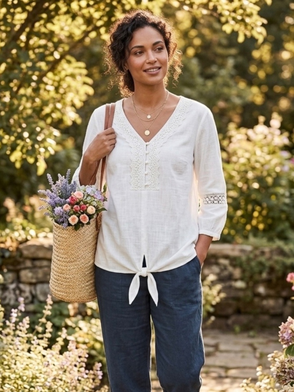 Vicki Wayne White Lace Crochet Peasant Tie Front Top 1X Cottagecore Fairy Boho
